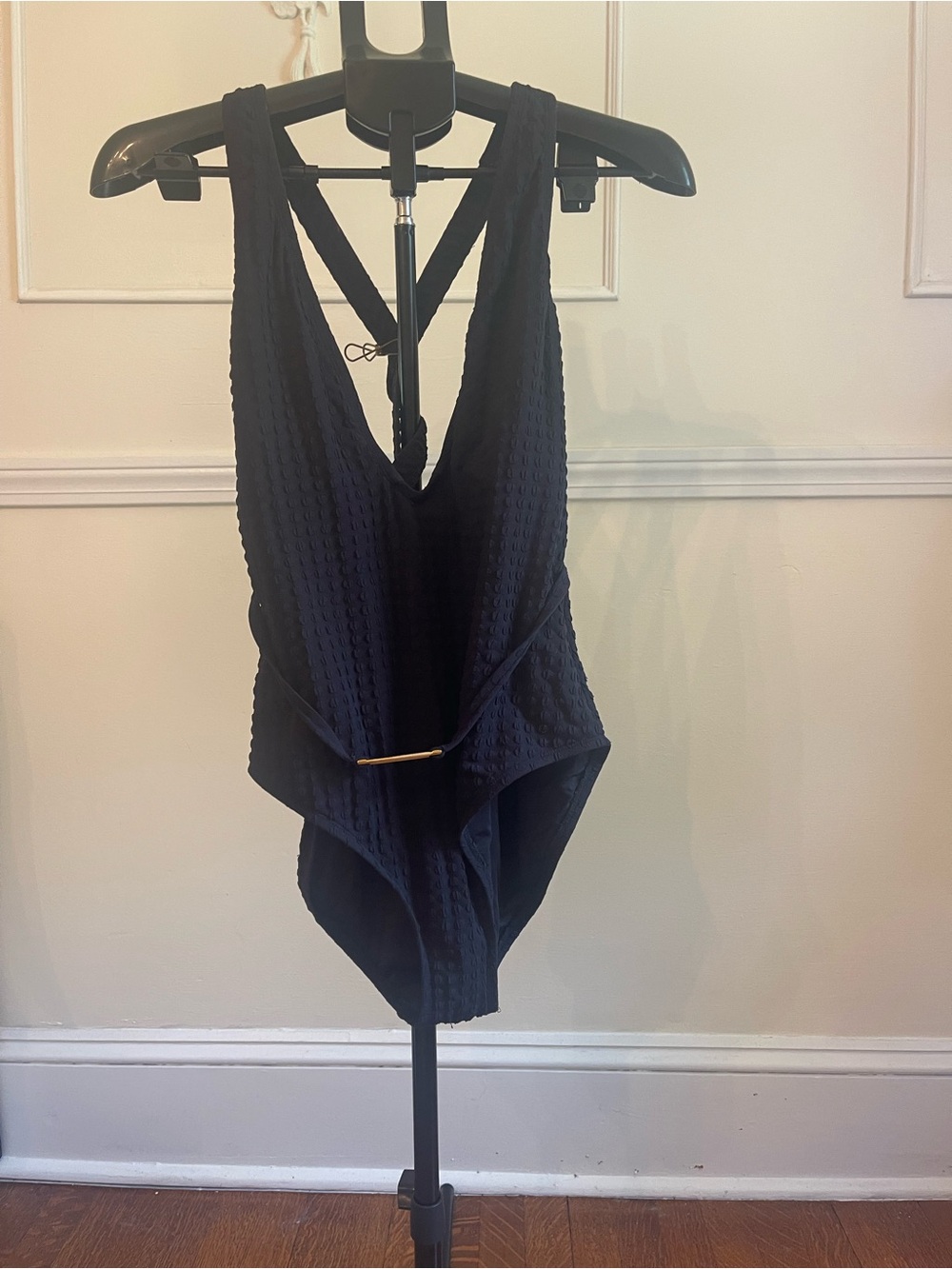 Textured Black V-Neck Bodysuit with Strappy Back